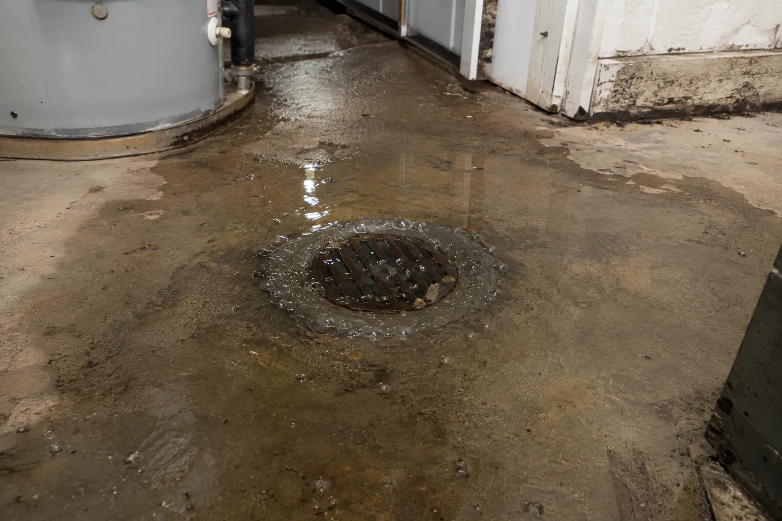 Water backing up around a cast-iron basement floor drain near a water heater