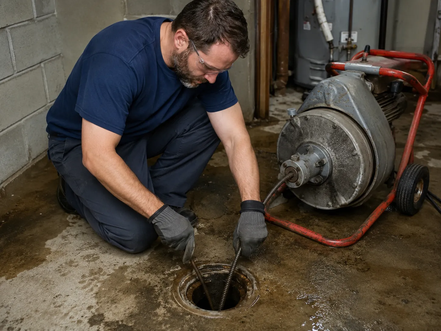 A technician kneeling at a basement floor drain, feeding a drain machine cable into the opening