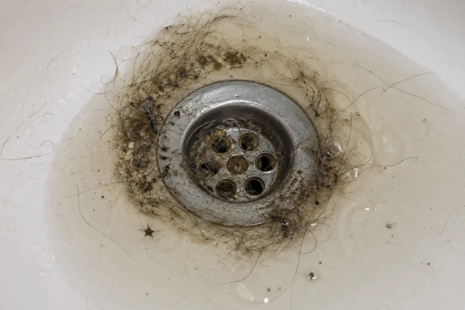 Bathroom sink drain matted with hair and soap buildup around the strainer