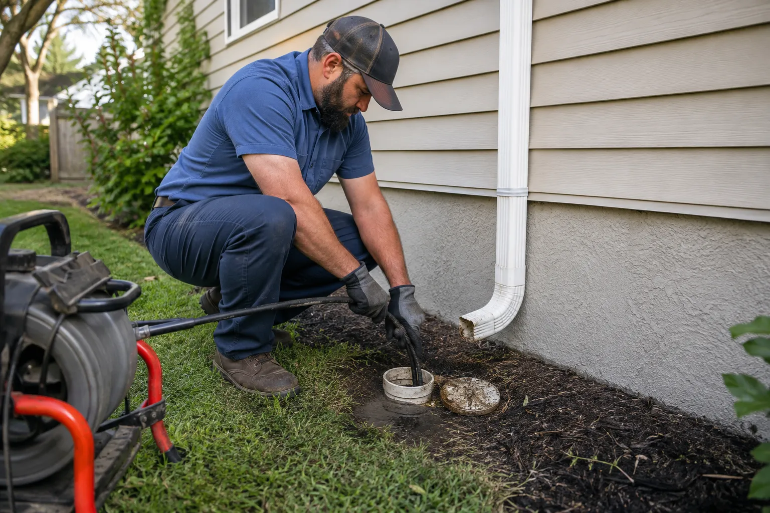A technician clearing an outdoor sewer cleanout beside a house, drain machine in the foreground