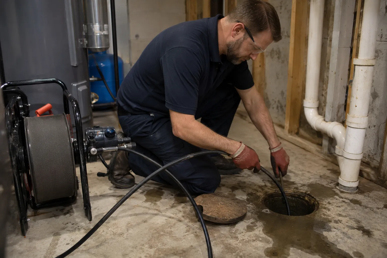 A technician feeding a cable into an open floor-level cleanout beside a sewer machine reel