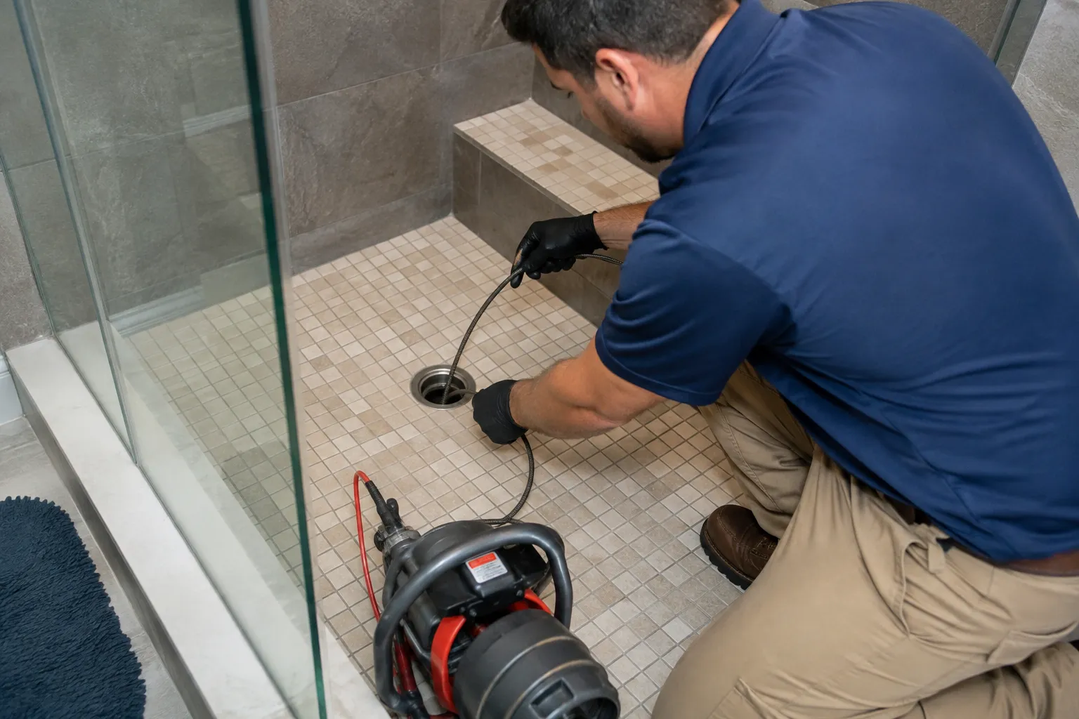 A technician feeding a drain cable into a tiled shower drain